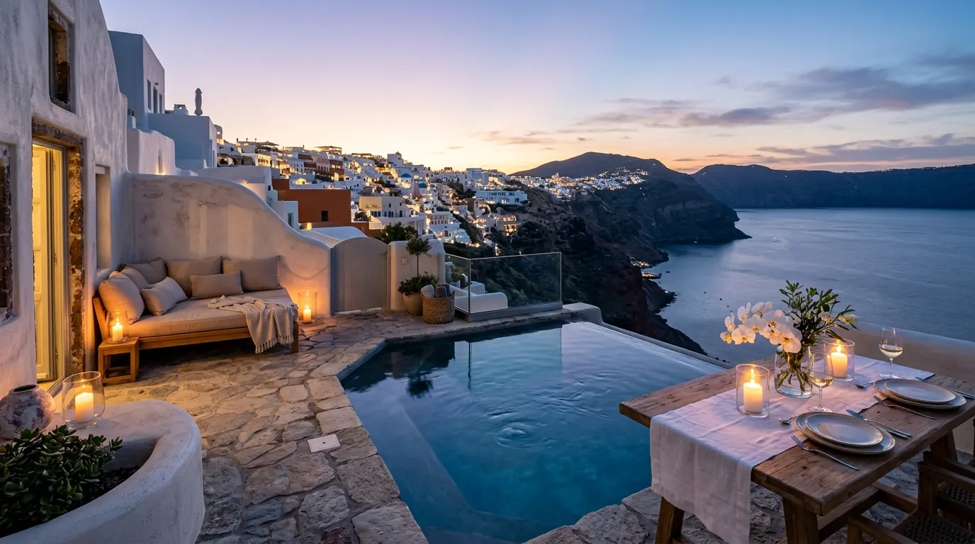 Cliffside hotels above the Santorini caldera, the cover of the example trip