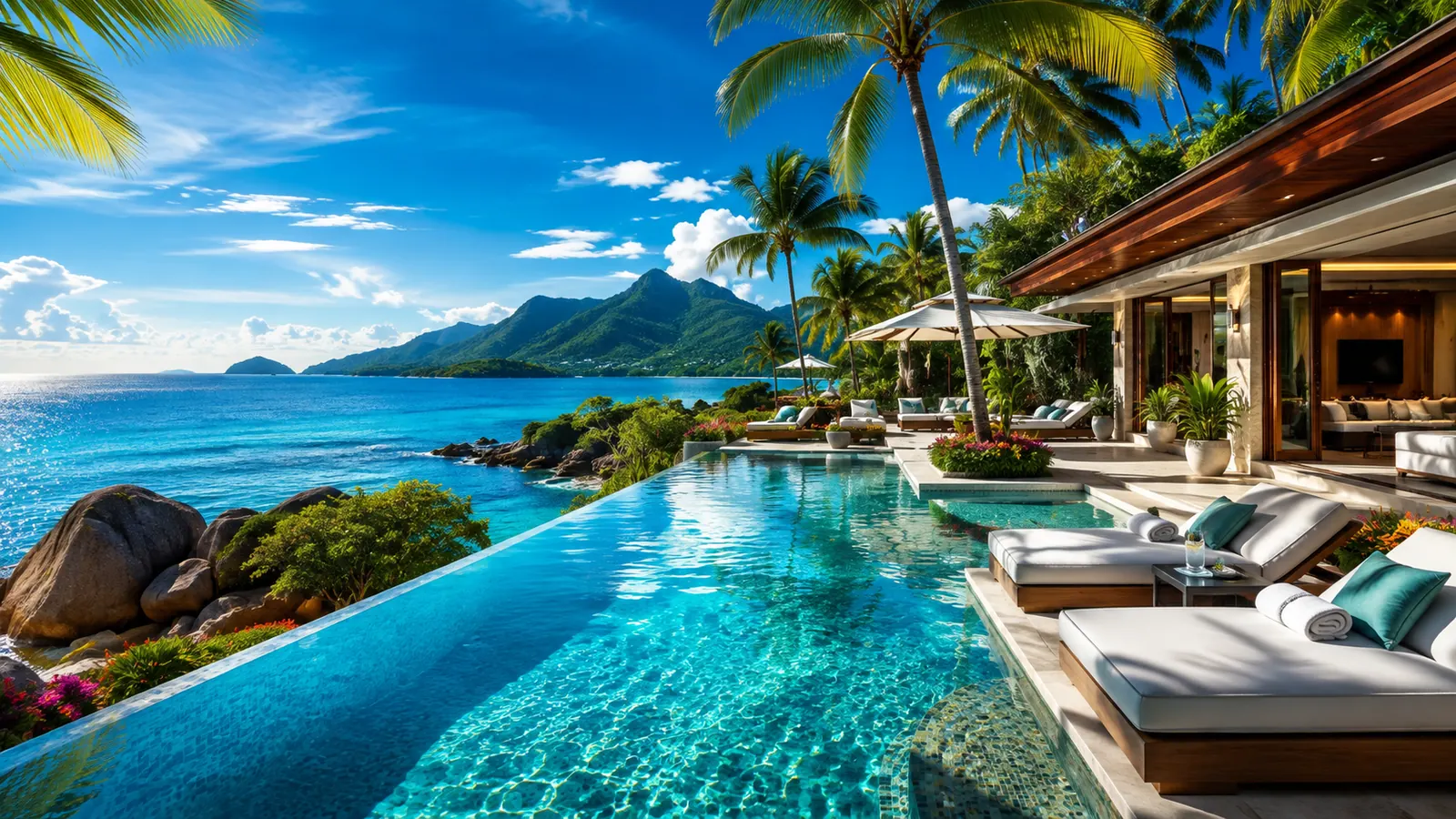 Infinity pool villa overlooking a turquoise bay with palms and mountains